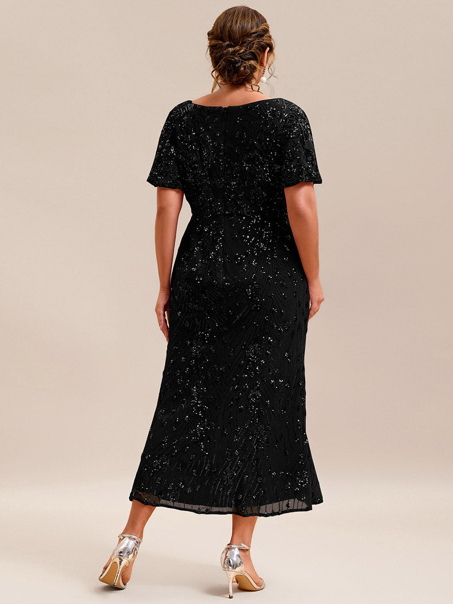 Color=Black | Strapless Deep V-Neck Fishtail Paillette Midi Evening Dresses- 12