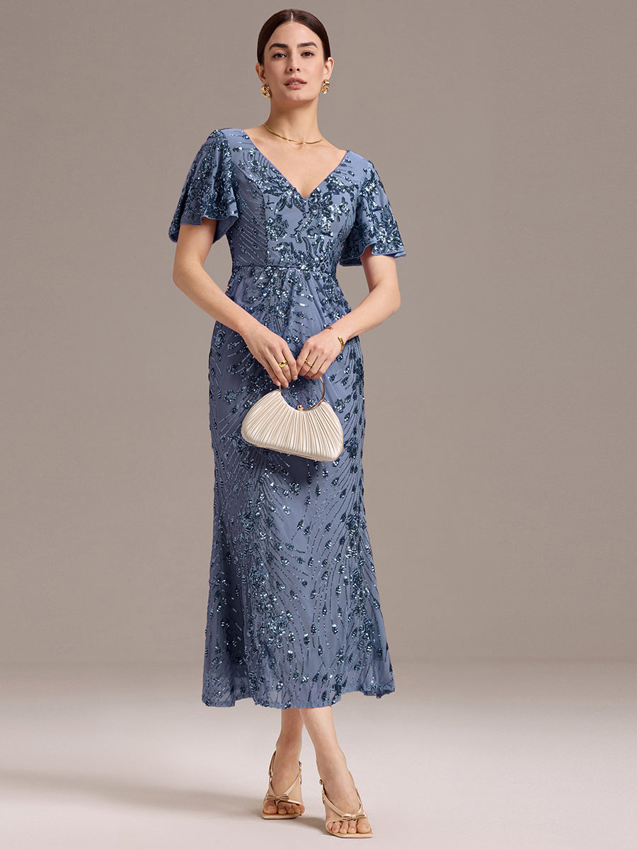 Color=Dusty Blue | Fast Delivery Short Sleeve Ruffle Sequin Deep V-Neck Fishtail Maxi Evening Dresses-Dusty Blue 31