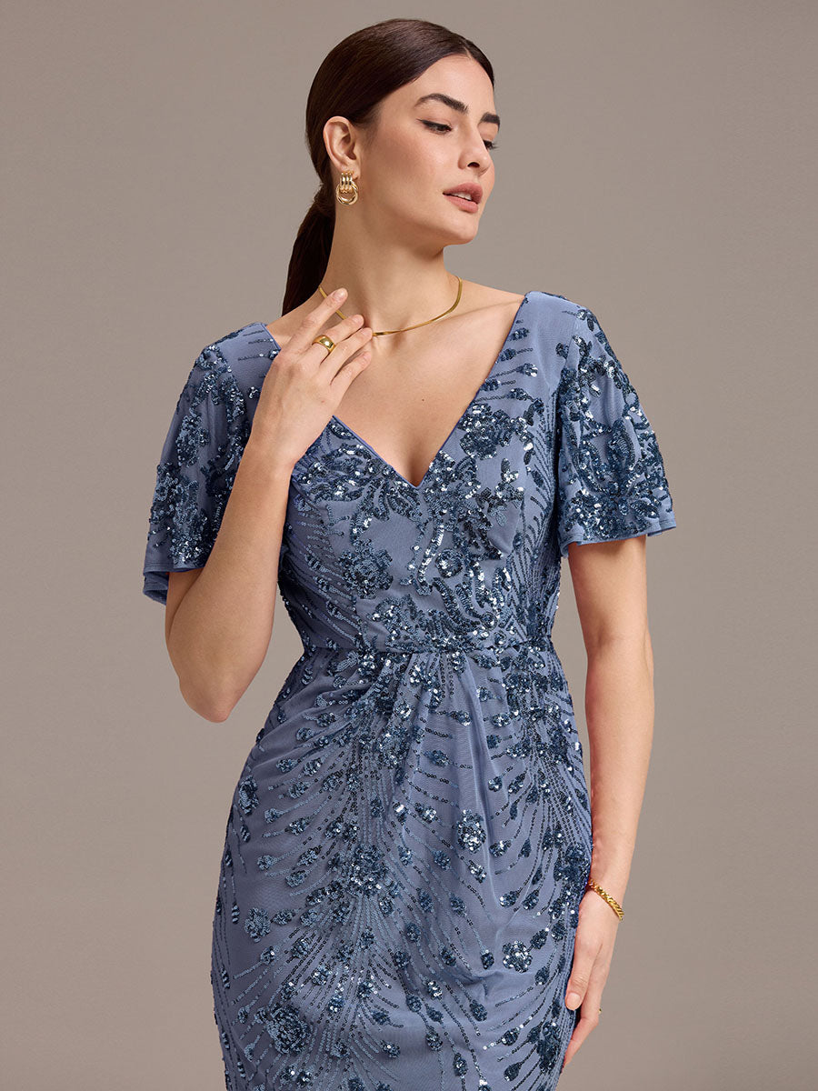 Color=Dusty Blue | Fast Delivery Short Sleeve Ruffle Sequin Deep V-Neck Fishtail Maxi Evening Dresses-Dusty Blue 33