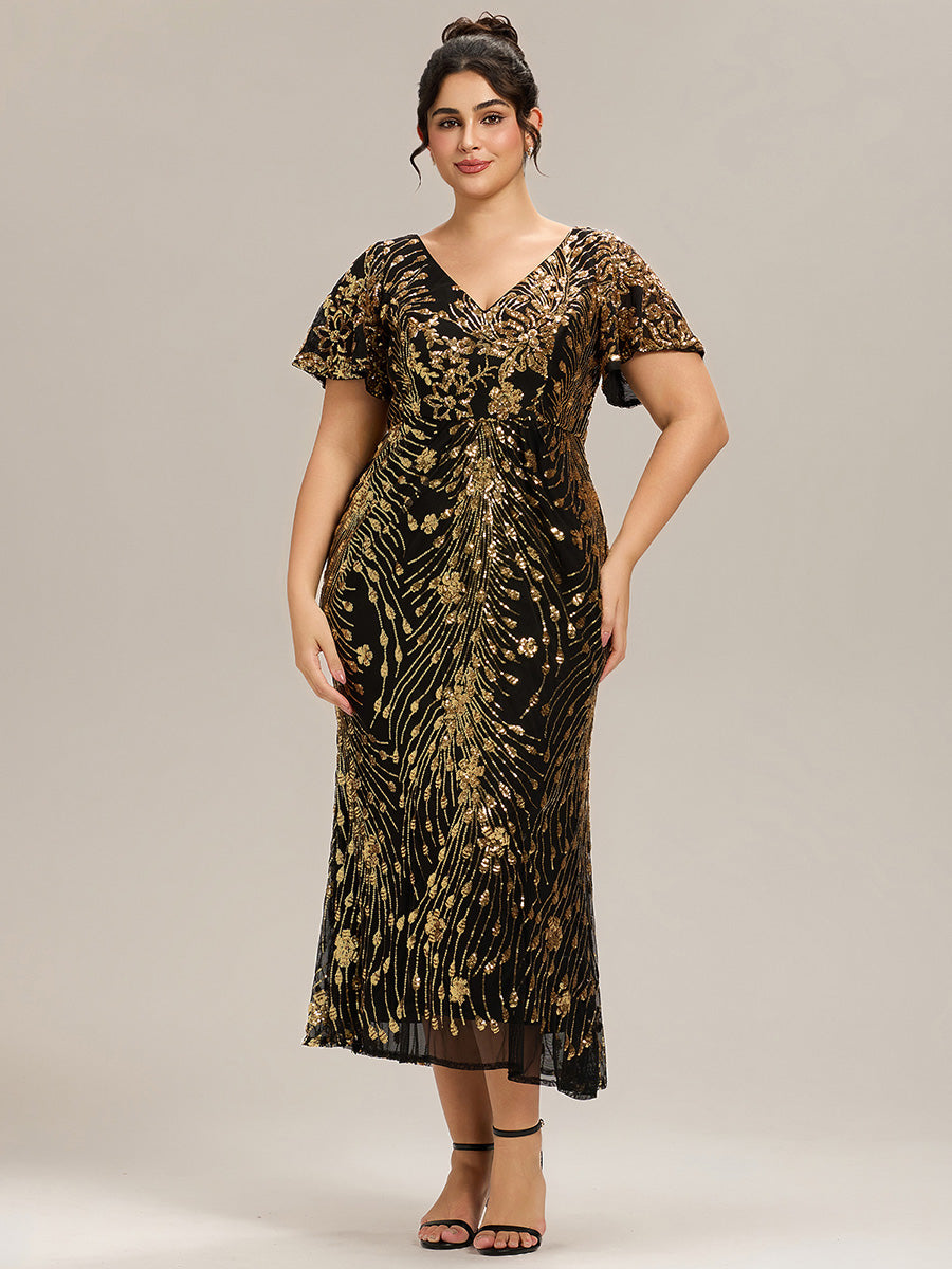 Color=Black Gold | Plus Size Strapless Deep V-Neck Fishtail Paillette Midi Evening Dresses-Black Gold 16