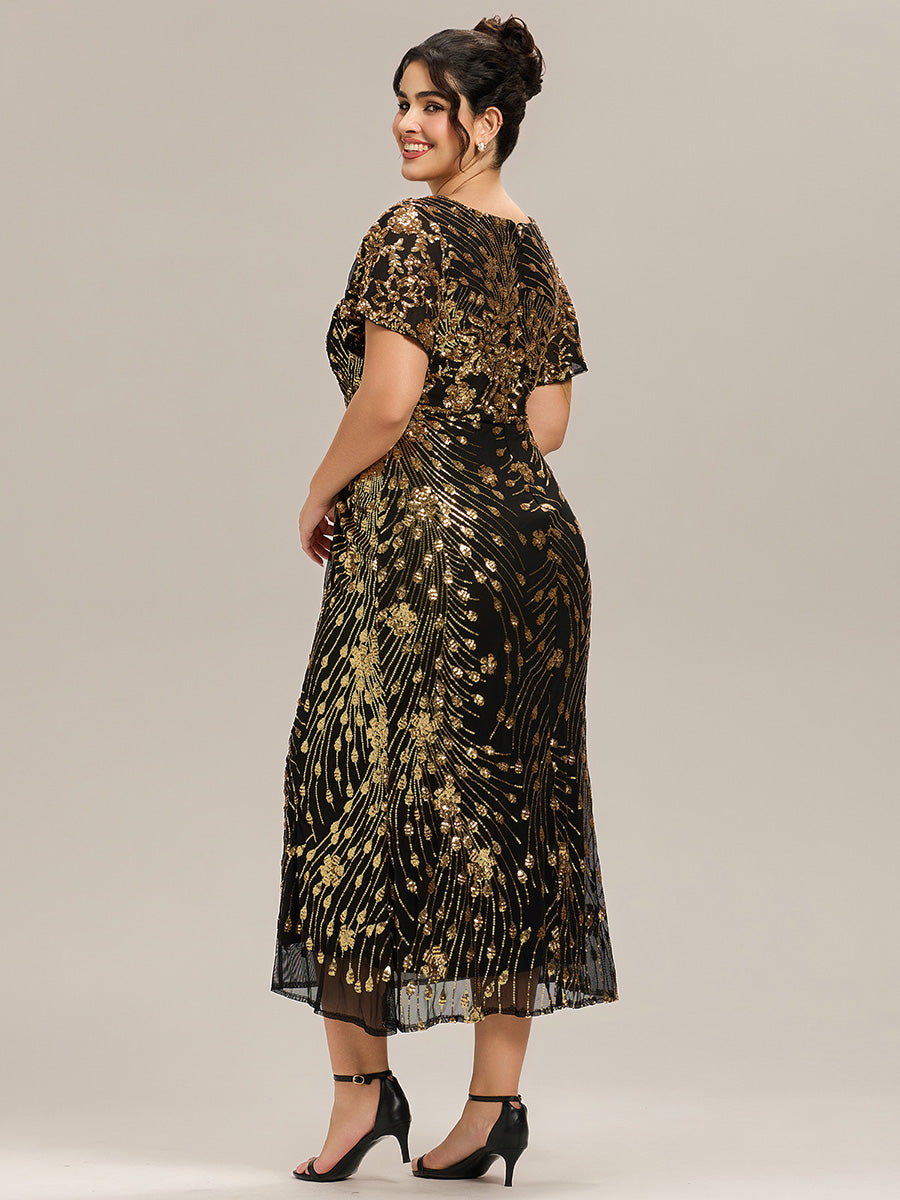 Color=Black Gold | Plus Size Strapless Deep V-Neck Fishtail Paillette Midi Evening Dresses-Black Gold 17