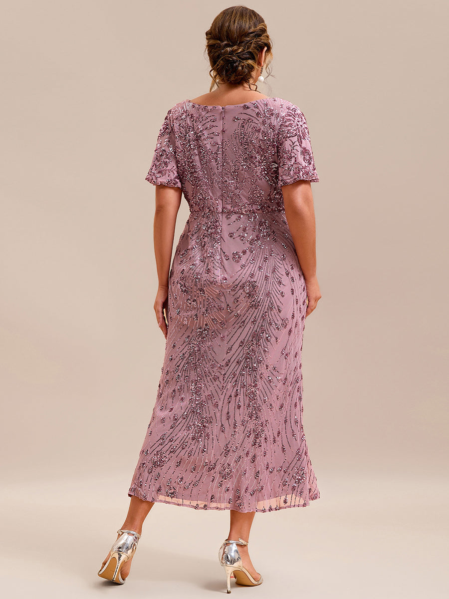 Color=Purple Orchid | Strapless Deep V-Neck Fishtail Paillette Midi Evening Dresses-Purple Orchid 2