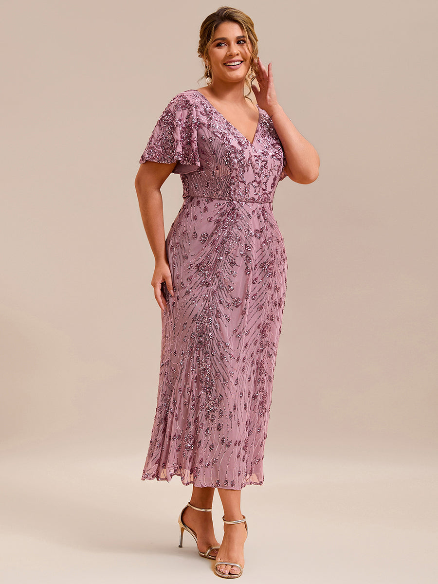 Color=Purple Orchid | Strapless Deep V-Neck Fishtail Paillette Midi Evening Dresses-Purple Orchid 4