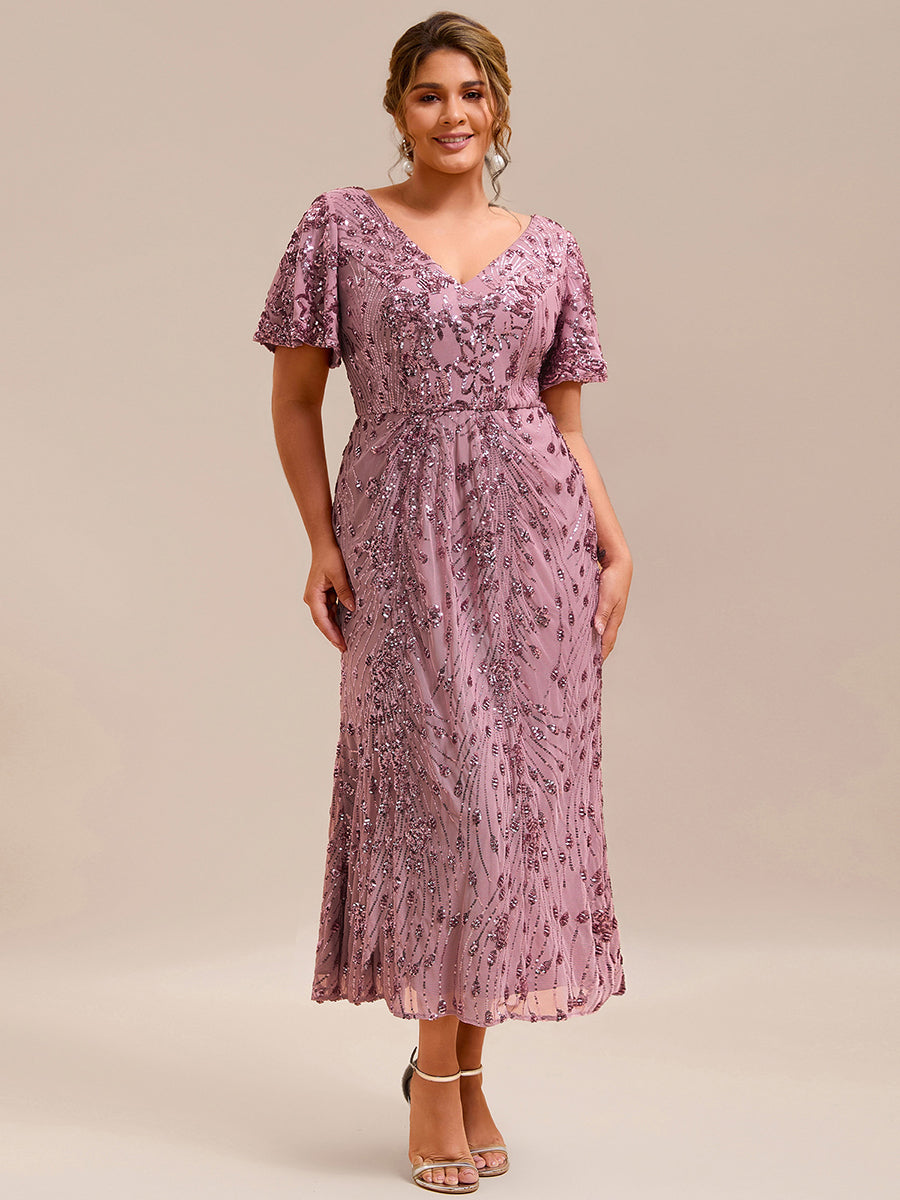 Color=Purple Orchid | Strapless Deep V-Neck Fishtail Paillette Midi Evening Dresses-Purple Orchid 5