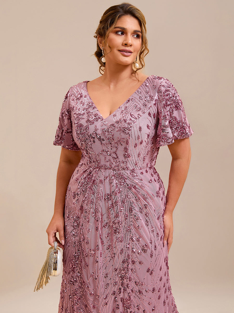 Color=Purple Orchid | Strapless Deep V-Neck Fishtail Paillette Midi Evening Dresses-Purple Orchid 3
