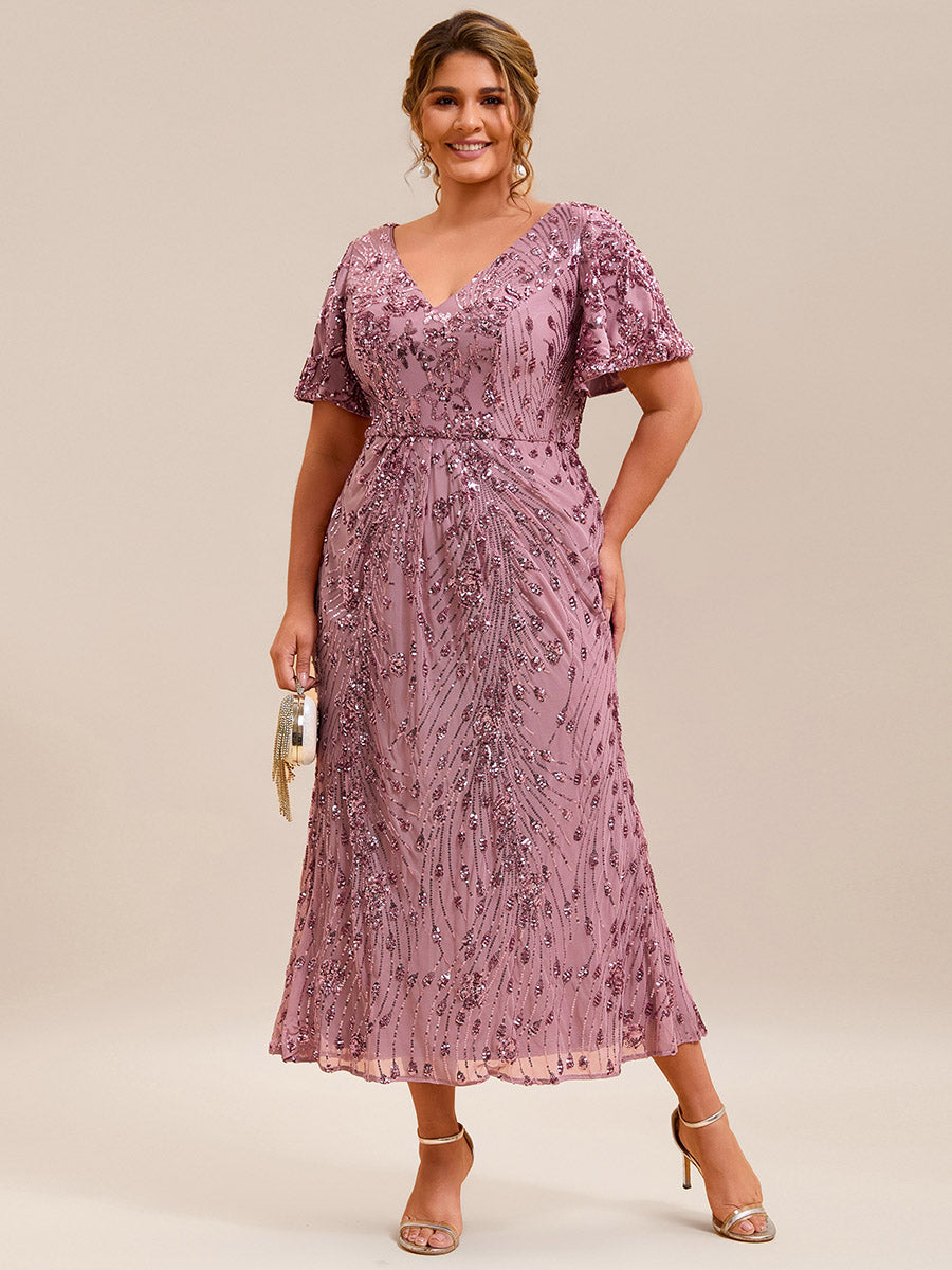 Color=Purple Orchid | Plus Size Strapless Deep V-Neck Fishtail Paillette Midi Evening Dresses-Purple Orchid 1