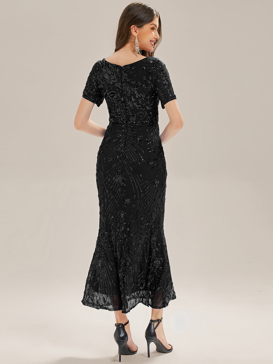 Color=Black | Bulk Order | Bodycon Fishtail Paillette Pleated Evening Gown-Black 2