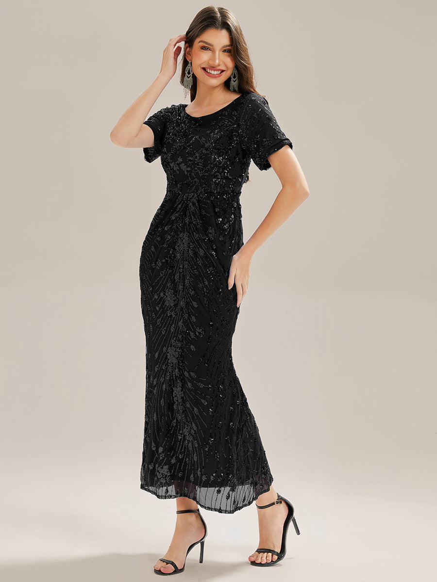 Color=Black | Bulk Order | Bodycon Fishtail Paillette Pleated Evening Gown-Black 3