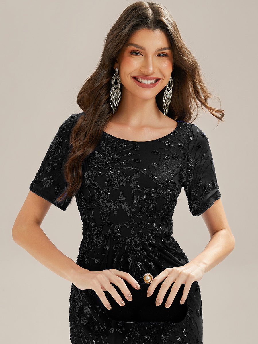 Color=Black | Bulk Order | Bodycon Fishtail Paillette Pleated Evening Gown-Black 5