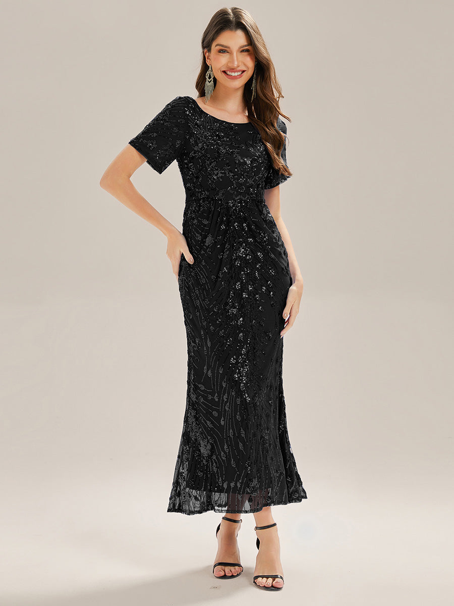 Color=Black | Bulk Order | Bodycon Fishtail Paillette Pleated Evening Gown-Black 1