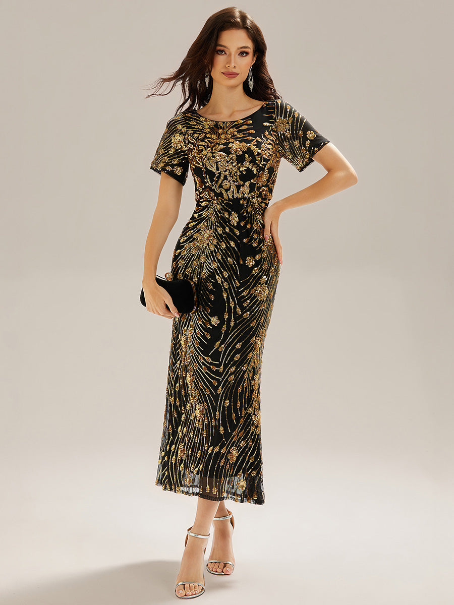 Color=Black Gold | Bulk Order | Bodycon Fishtail Paillette Pleated Evening Gown-Black Gold 1