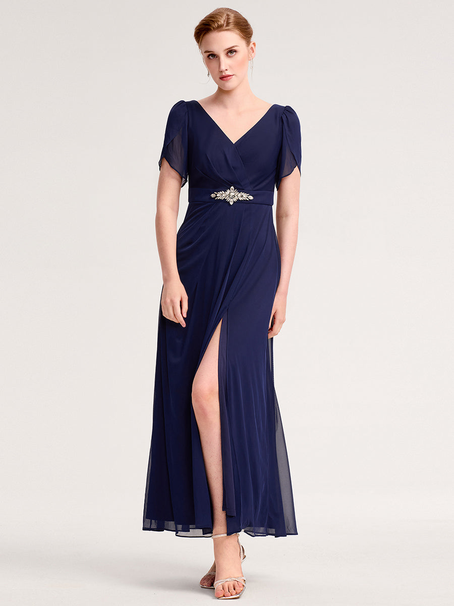 Color=Navy Blue | Wholesale Bulk order Split Evening Chiffon Dress with Bead or hot drill decoration-Navy Blue 11
