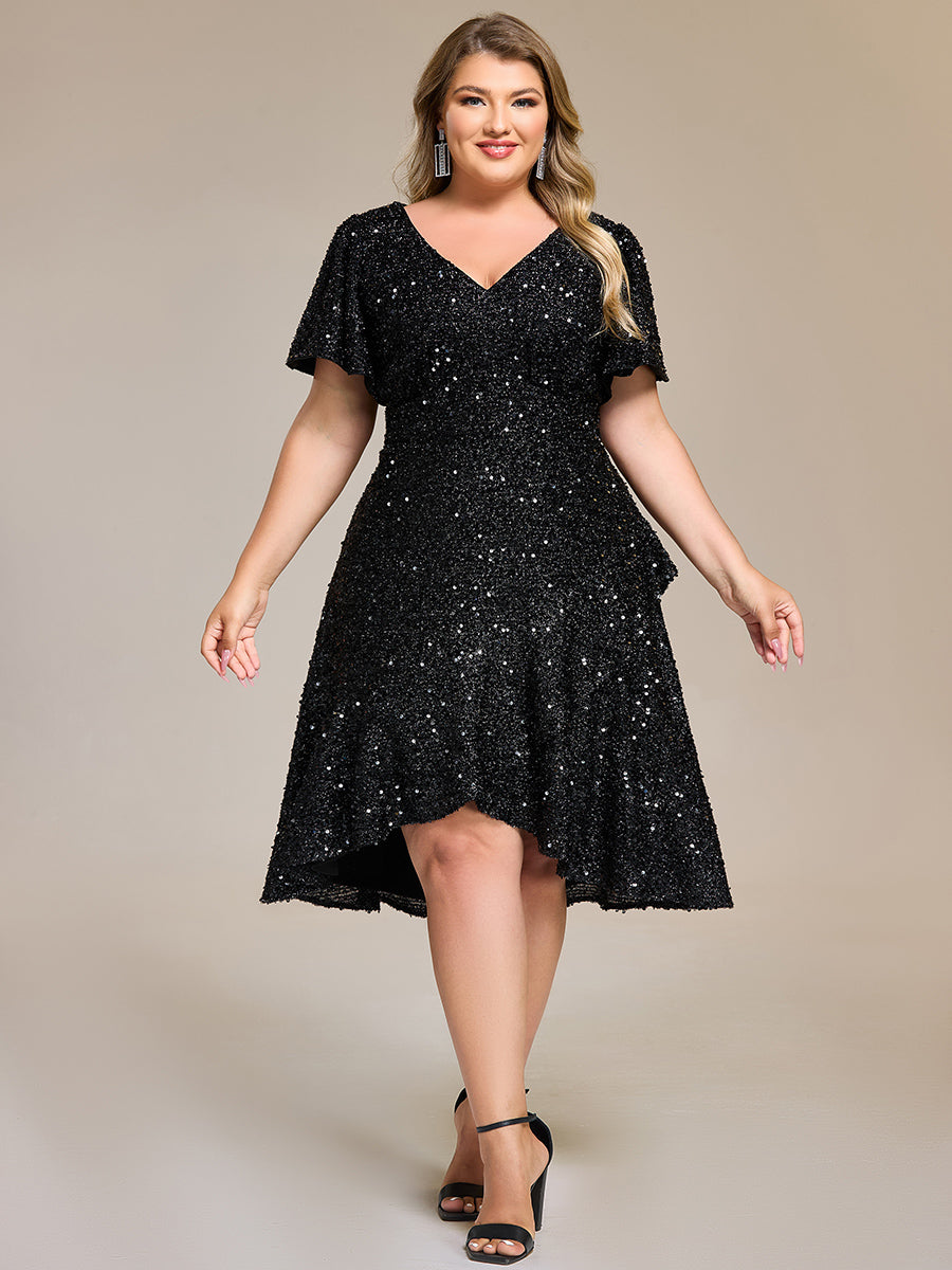 Color=Black | Bulk Order Short Sleeve Ruffle Sequin Deep V-Neck High-Low Formal Dresses-Black 9