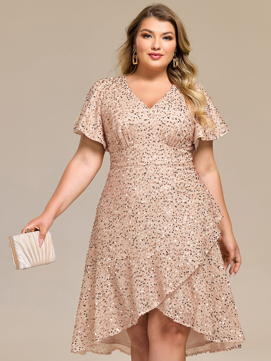 Color=Charcoal | Bulk Order Short Sleeve Ruffle Sequin Deep V-Neck High-Low Formal Dresses-Charcoal 10