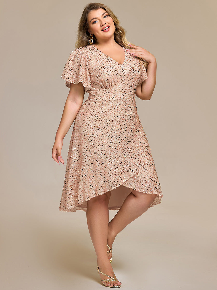 Color=Charcoal | Bulk Order Short Sleeve Ruffle Sequin Deep V-Neck High-Low Formal Dresses-Charcoal 12