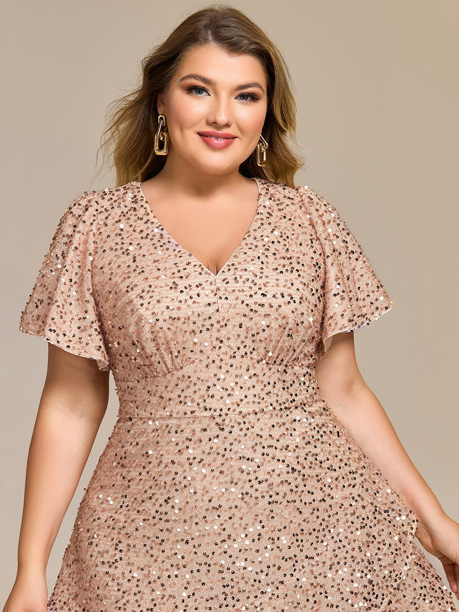 Color=Charcoal | Bulk Order Short Sleeve Ruffle Sequin Deep V-Neck High-Low Formal Dresses-Charcoal 14