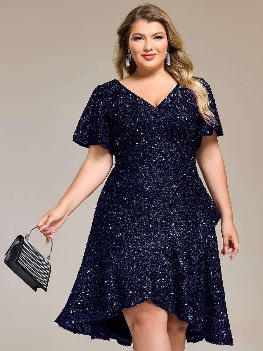 Color=Navy Blue | Bulk Order Short Sleeve Ruffle Sequin Deep V-Neck High-Low Formal Dresses-Navy Blue 15