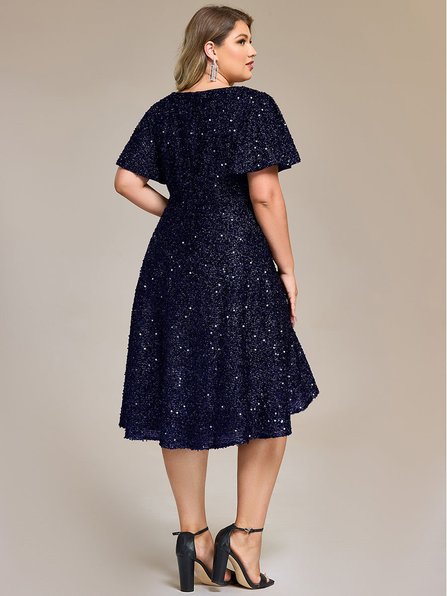 Color=Navy Blue | Bulk Order Short Sleeve Ruffle Sequin Deep V-Neck High-Low Formal Dresses-Navy Blue 16