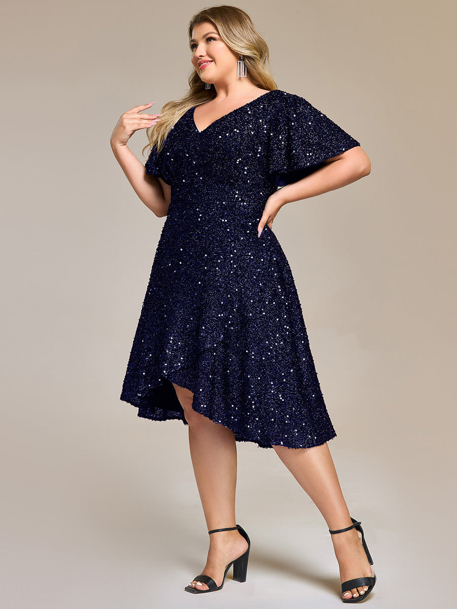 Color=Navy Blue | Bulk Order Short Sleeve Ruffle Sequin Deep V-Neck High-Low Formal Dresses-Navy Blue 17