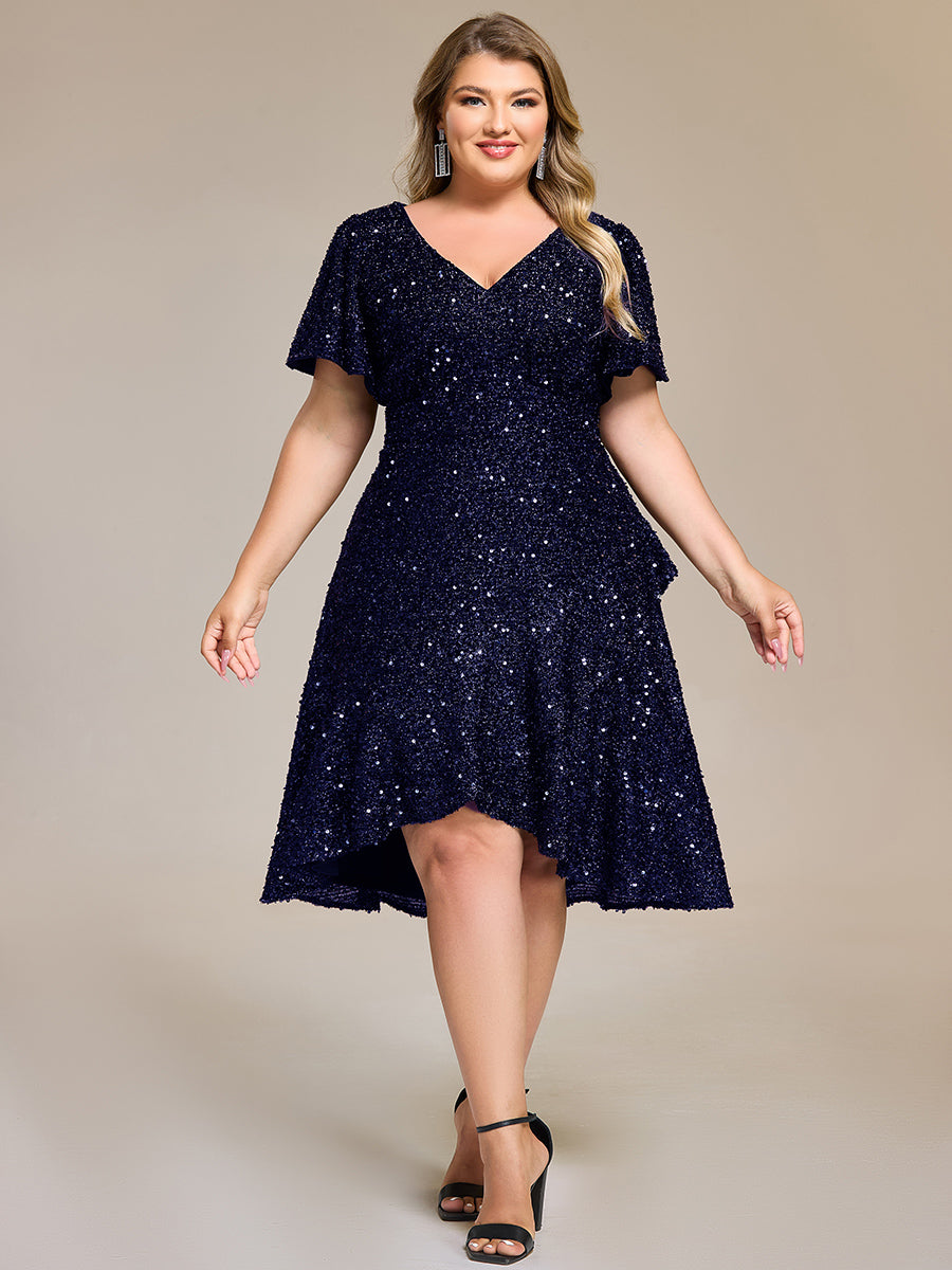 Color=Navy Blue | Bulk Order Short Sleeve Ruffle Sequin Deep V-Neck High-Low Formal Dresses-Navy Blue 18