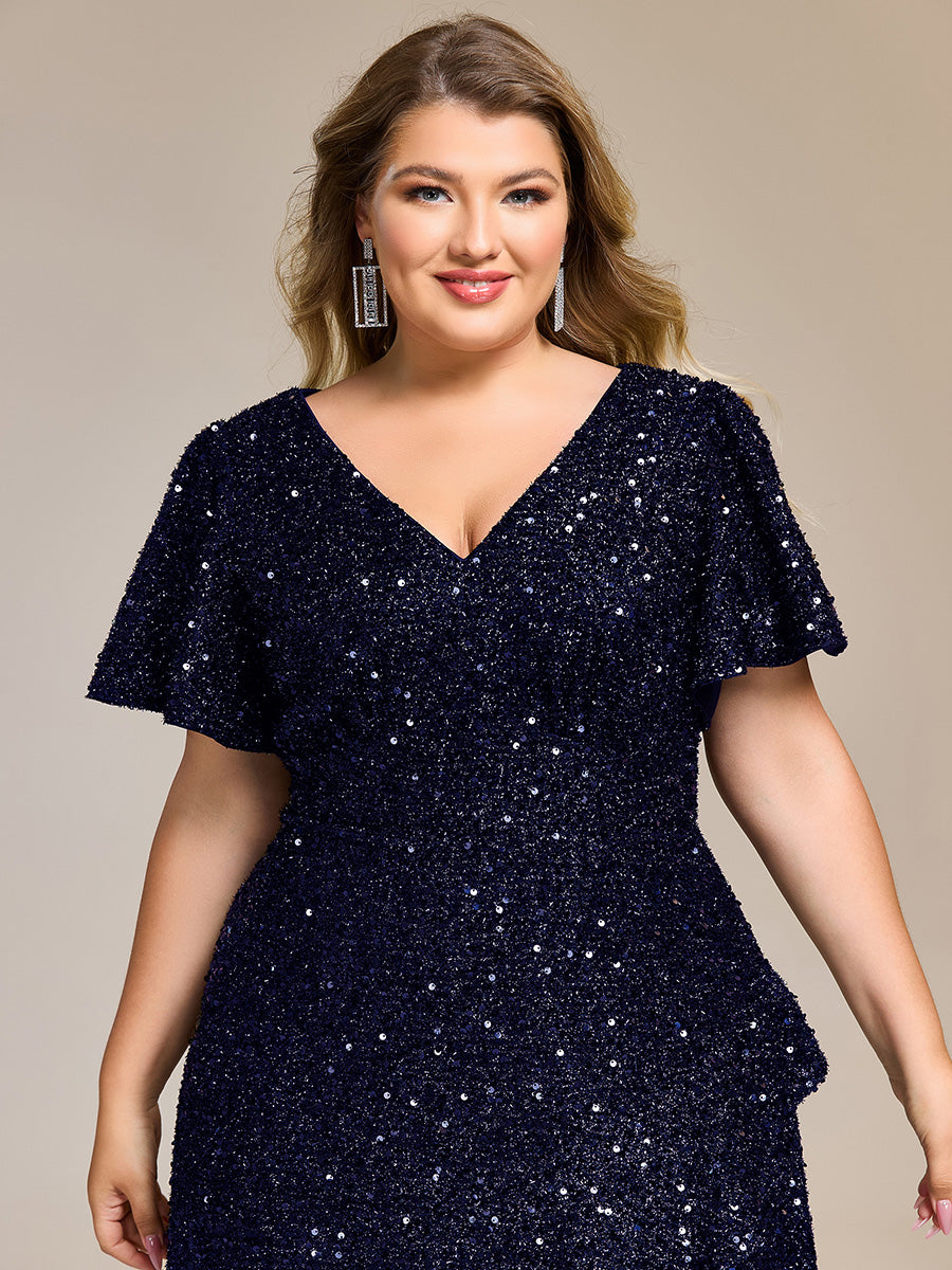 Color=Navy Blue | Bulk Order Short Sleeve Ruffle Sequin Deep V-Neck High-Low Formal Dresses-Navy Blue 19