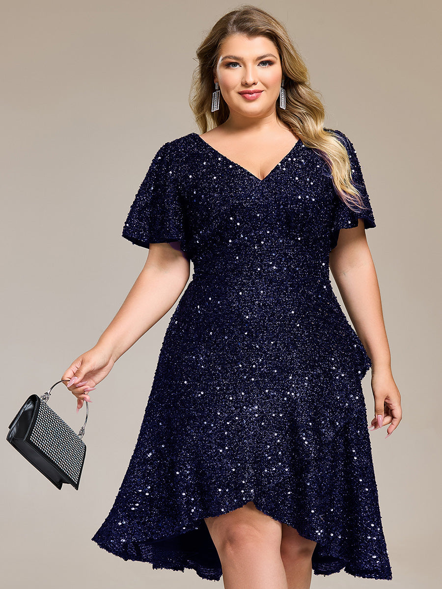 Color=Navy Blue | Bulk Order Short Sleeve Ruffle Sequin Deep V-Neck High-Low Formal Dresses-Navy Blue 15