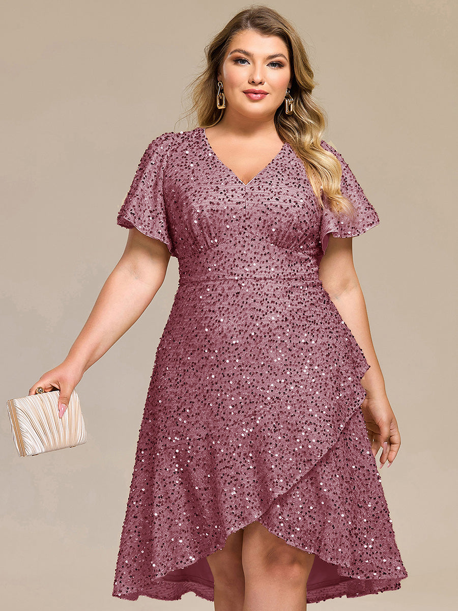 Color=Purple Orchid | Bulk Order Short Sleeve Ruffle Sequin Deep V-Neck High-Low Formal Dresses-Purple Orchid 20