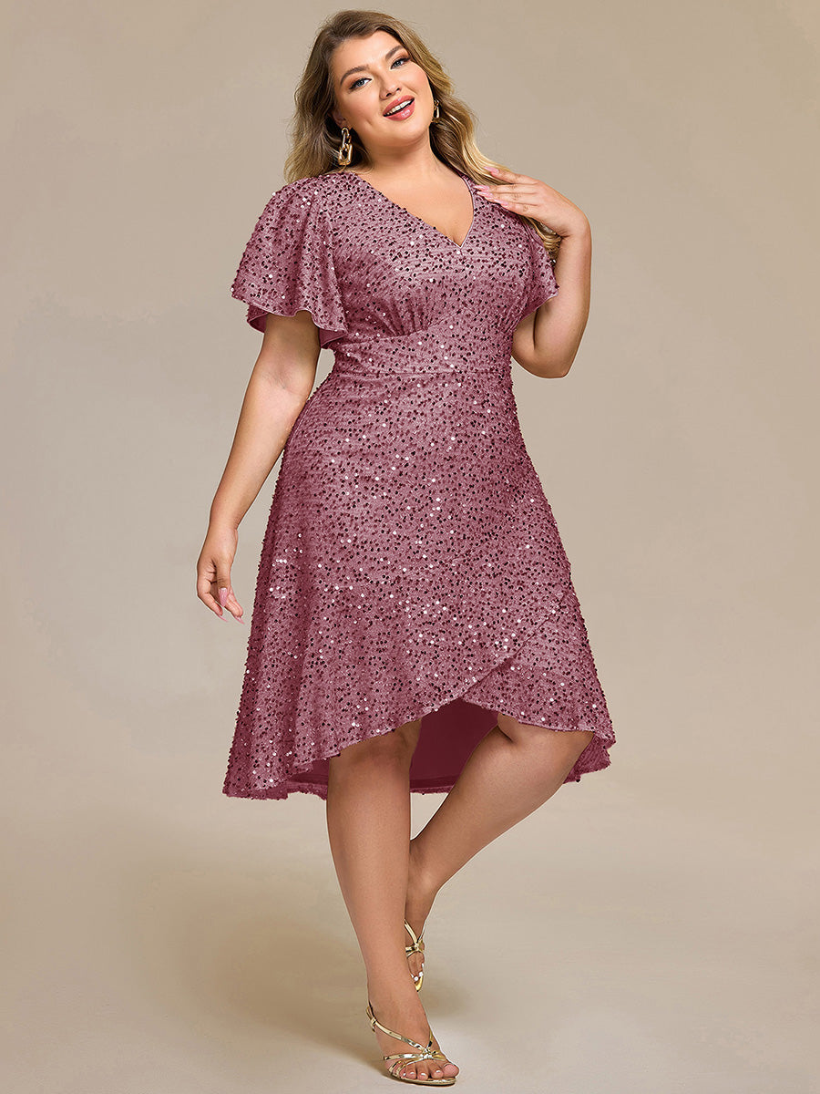 Color=Purple Orchid | Bulk Order Short Sleeve Ruffle Sequin Deep V-Neck High-Low Formal Dresses-Purple Orchid 22