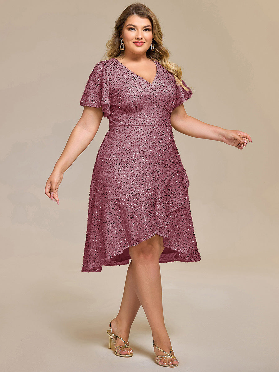 Color=Purple Orchid | Bulk Order Short Sleeve Ruffle Sequin Deep V-Neck High-Low Formal Dresses-Purple Orchid 23