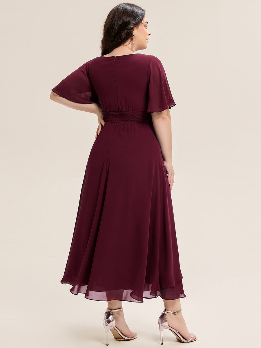 Color=Burgundy | Bulk Order Short Sleeve Ruffle Asymmetrical A-Line Midi Evening Dresses-Burgundy 7