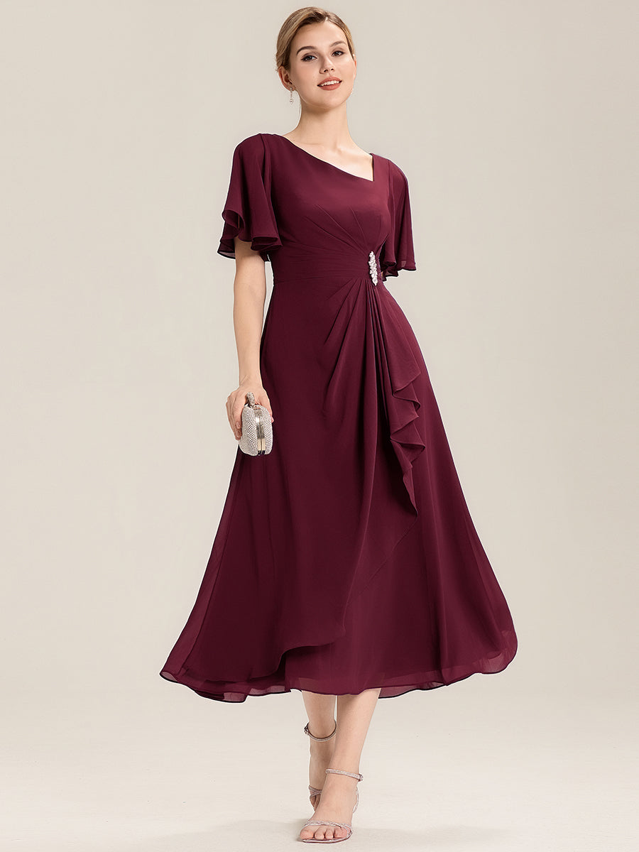 Color=Burgundy | Bulk Order Short Sleeve Ruffle Asymmetrical A-Line Midi Evening Dresses-Burgundy 1