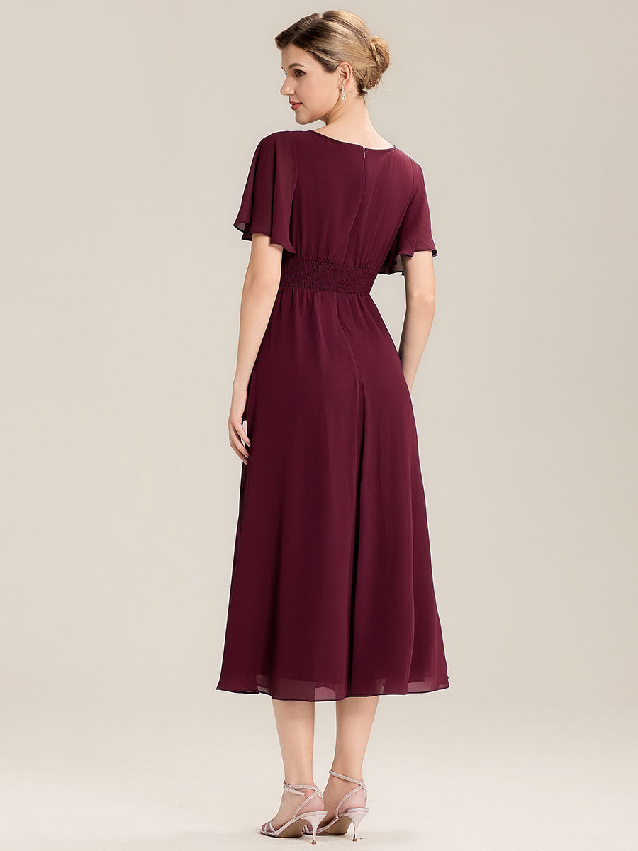 Color=Burgundy | Bulk Order Short Sleeve Ruffle Asymmetrical A-Line Midi Evening Dresses-Burgundy 2