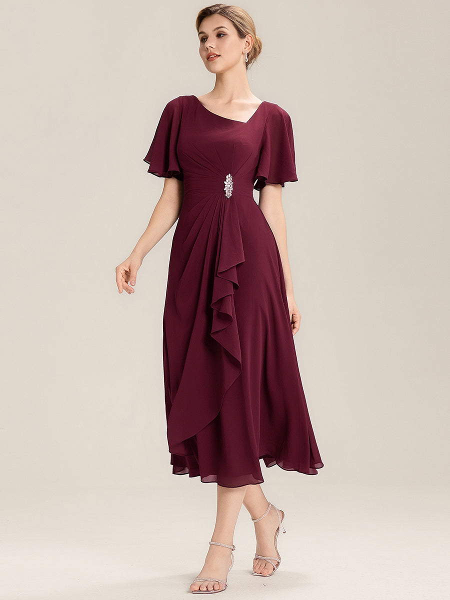 Color=Burgundy | Bulk Order Short Sleeve Ruffle Asymmetrical A-Line Midi Evening Dresses-Burgundy 4