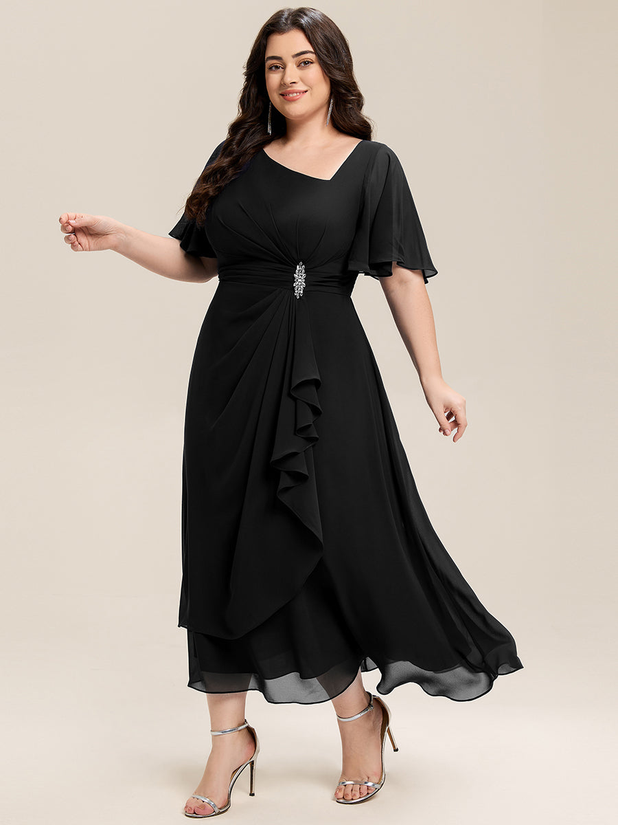 Color=Black | Bulk Order Short Sleeve Ruffle Asymmetrical A-Line Midi Evening Dresses-Black 19