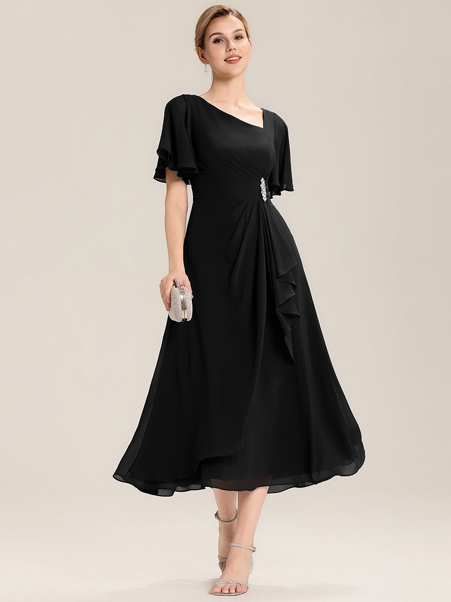 Color=Black | Bulk Order Short Sleeve Ruffle Asymmetrical A-Line Midi Evening Dresses-Black 11