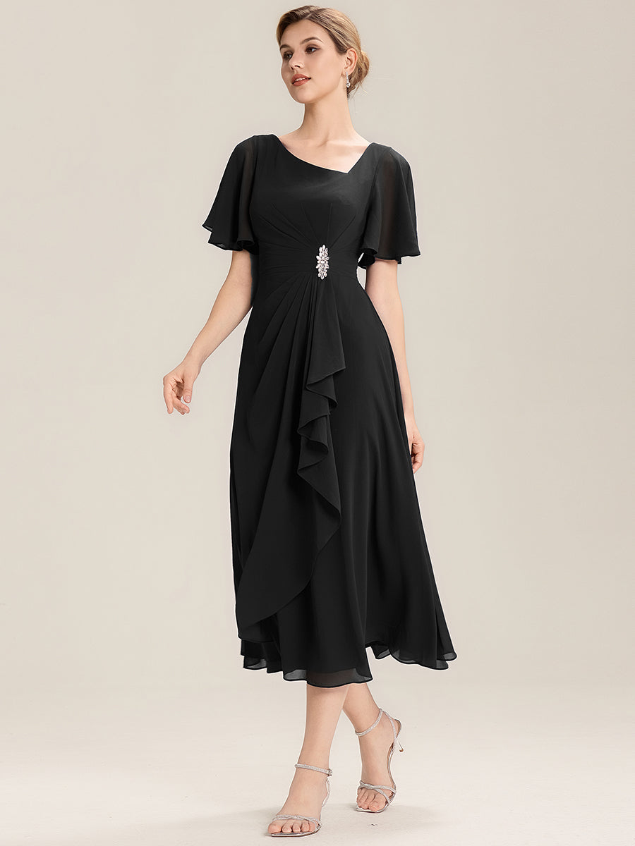 Color=Black | Bulk Order Short Sleeve Ruffle Asymmetrical A-Line Midi Evening Dresses-Black 14