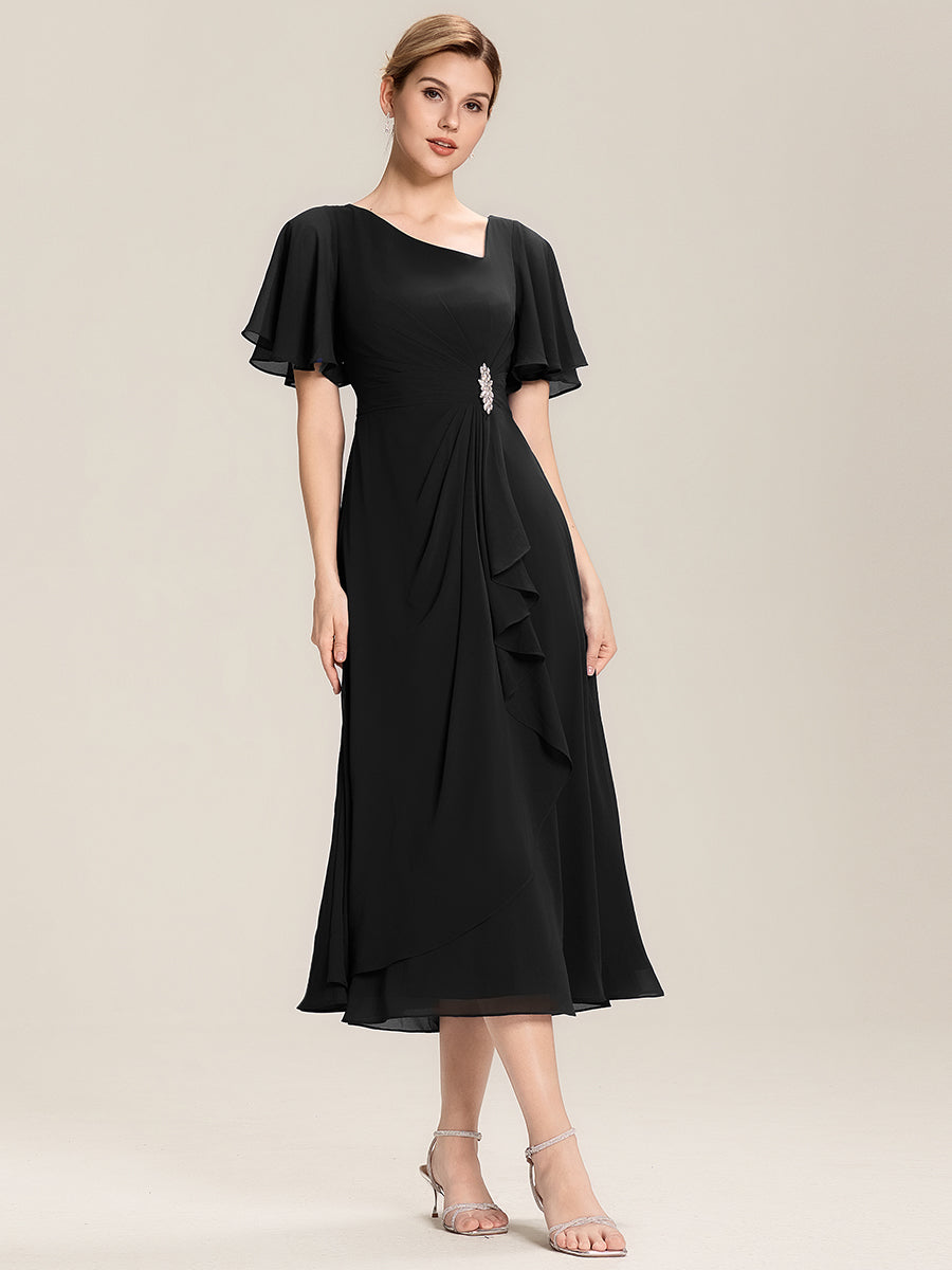 Color=Black | Bulk Order Short Sleeve Ruffle Asymmetrical A-Line Midi Evening Dresses-Black 15