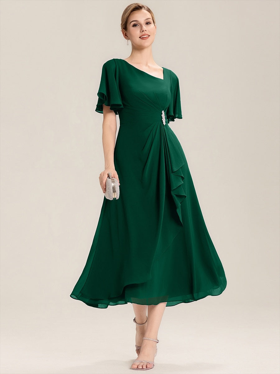 Color=Dark Green | Bulk Order Short Sleeve Ruffle Asymmetrical A-Line Midi Evening Dresses-Dark Green 1