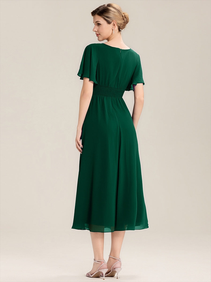 Color=Dark Green | Bulk Order Short Sleeve Ruffle Asymmetrical A-Line Midi Evening Dresses-Dark Green 2