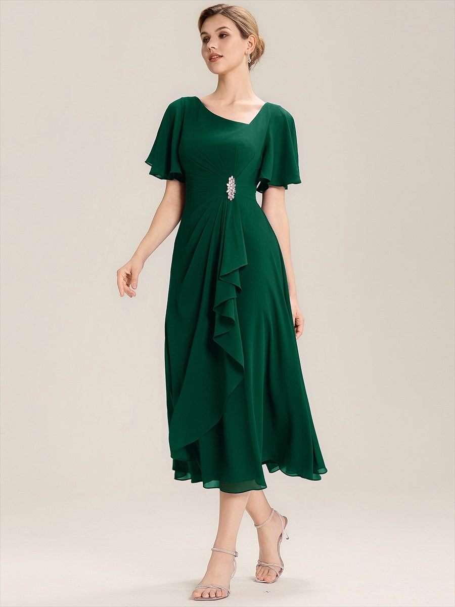 Color=Dark Green | Bulk Order Short Sleeve Ruffle Asymmetrical A-Line Midi Evening Dresses-Dark Green 3