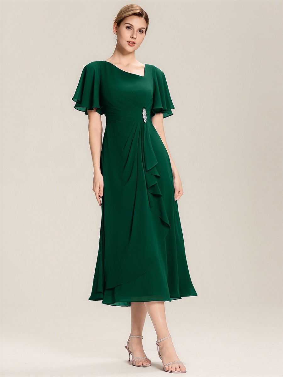 Color=Dark Green | Bulk Order Short Sleeve Ruffle Asymmetrical A-Line Midi Evening Dresses-Dark Green 4