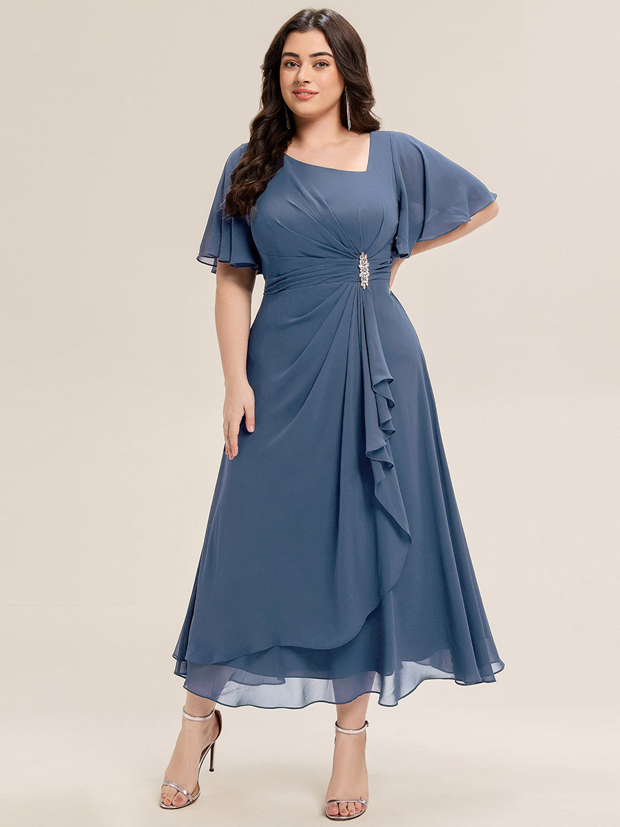 Color=Dusty Blue | Commercial Wholesale Short Sleeve Ruffle Asymmetrical A-Line Midi Evening Dresses-Dusty Blue 6