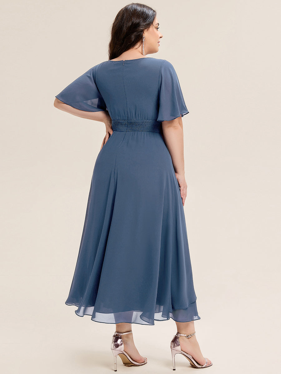 Color=Dusty Blue | Commercial Wholesale Short Sleeve Ruffle Asymmetrical A-Line Midi Evening Dresses-Dusty Blue 7