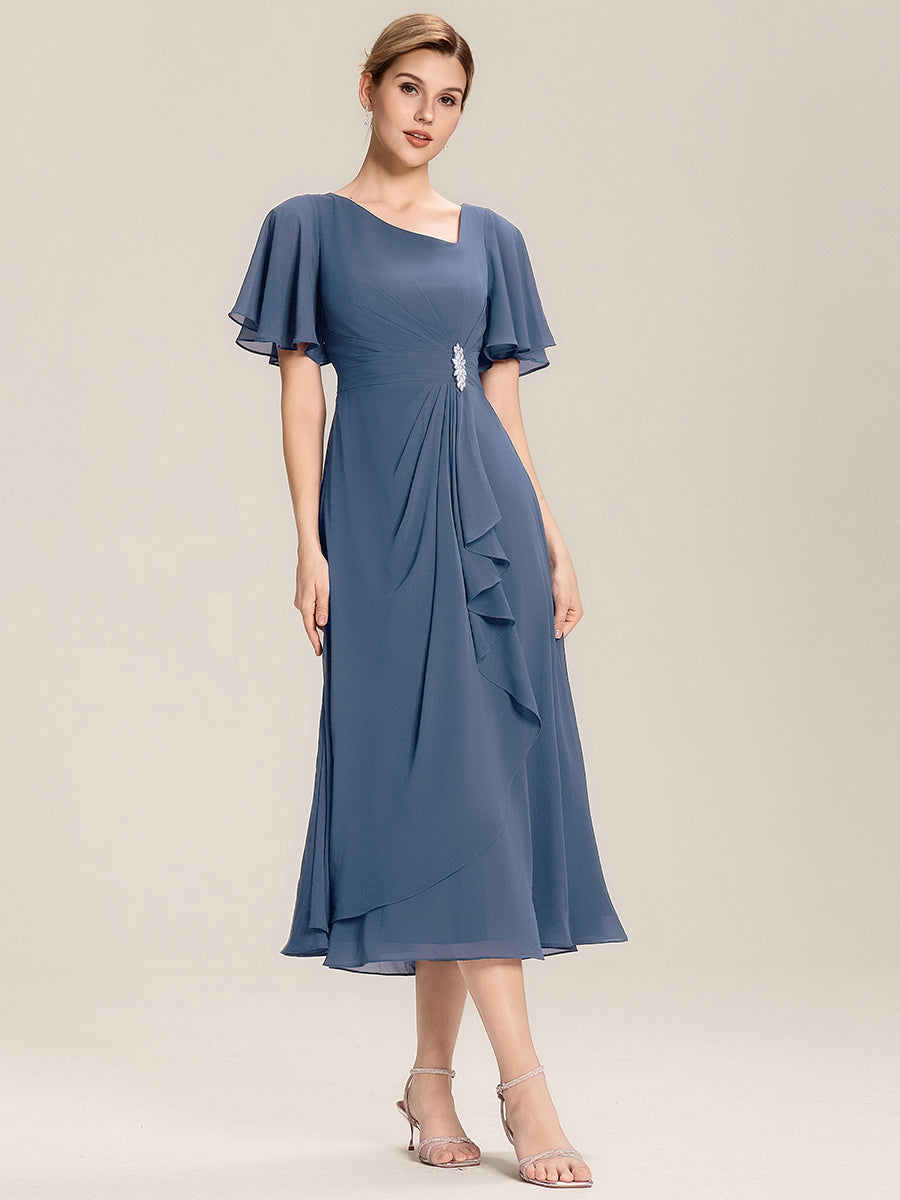 Color=Dusty Blue | Commercial Wholesale Short Sleeve Ruffle Asymmetrical A-Line Midi Evening Dresses-Dusty Blue 5