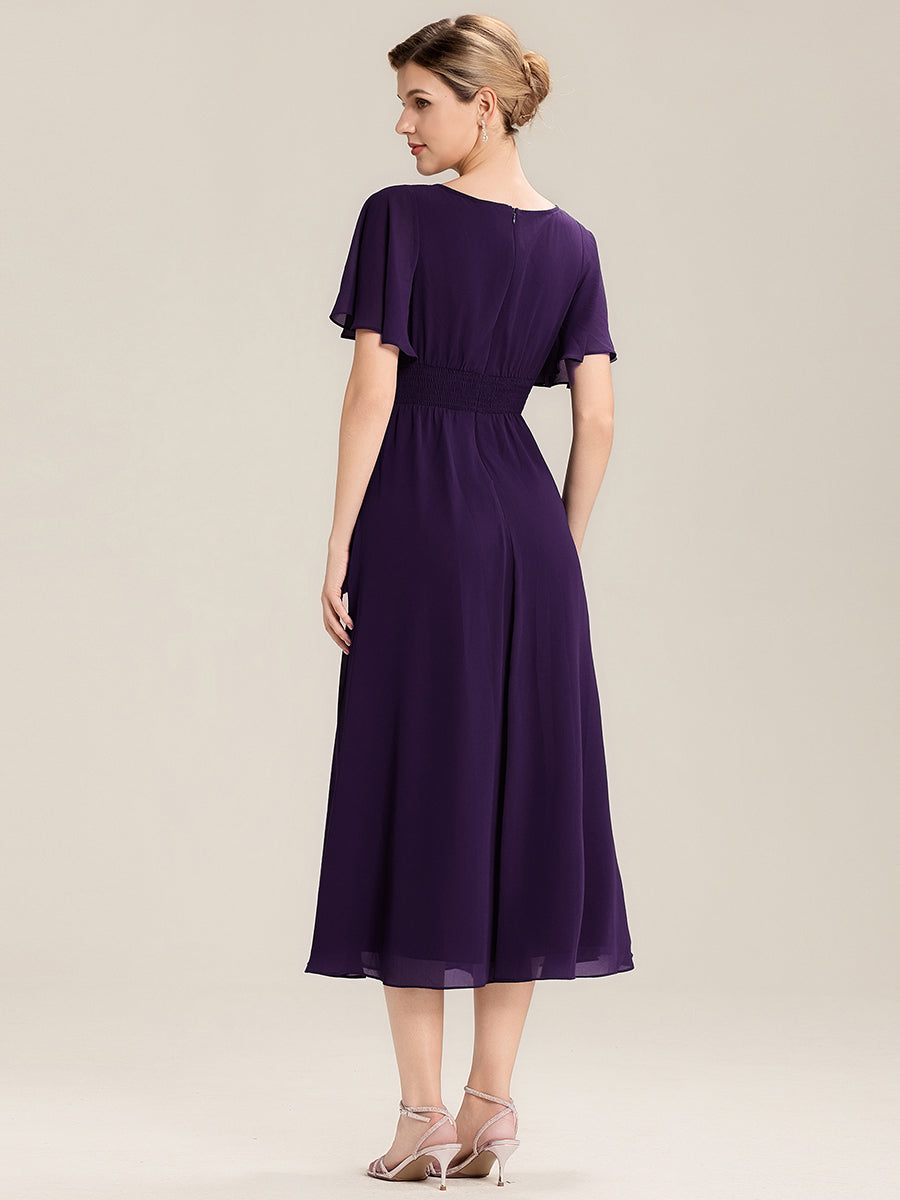 Color=Dark Purple | Fast Delivery Short Sleeve Asymmetrical Rhinestone A-Line Midi Evening Dresses-Dark Purple 2