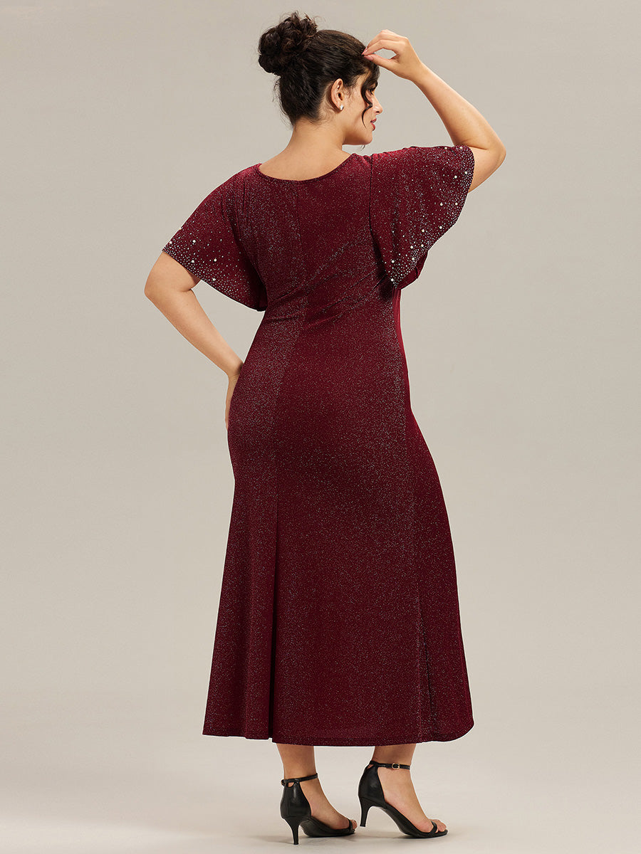 Color=Burgundy | One Stop Shop Plus Size Short Sleeve Ruffle Beaded Fishtail Maxi Evening Dresses-Burgundy 2