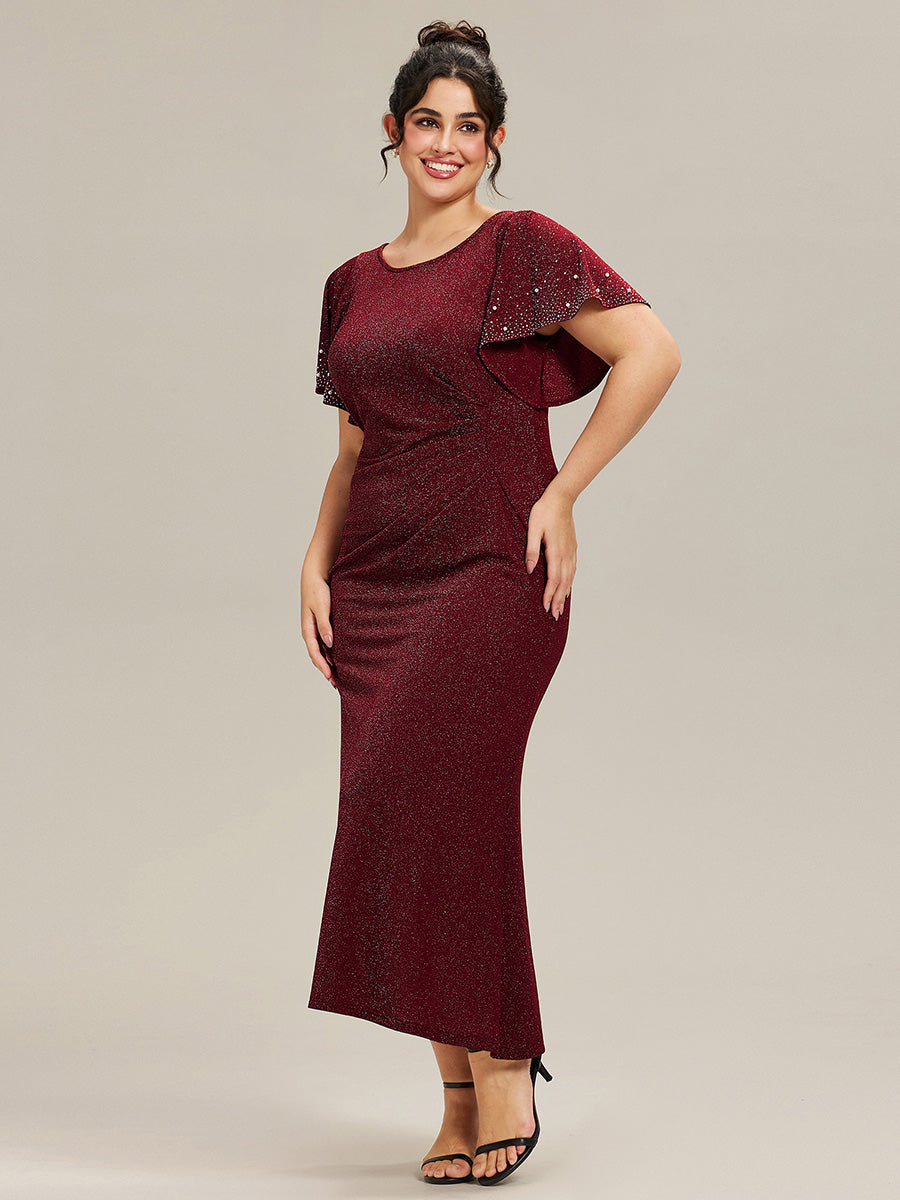 Color=Burgundy | One Stop Shop Plus Size Short Sleeve Ruffle Beaded Fishtail Maxi Evening Dresses-Burgundy 4