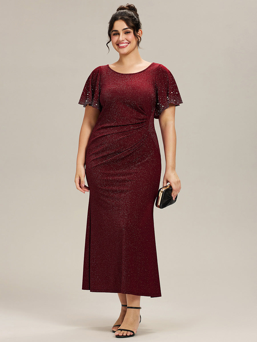 Color=Burgundy | One Stop Shop Plus Size Short Sleeve Ruffle Beaded Fishtail Maxi Evening Dresses-Burgundy 1