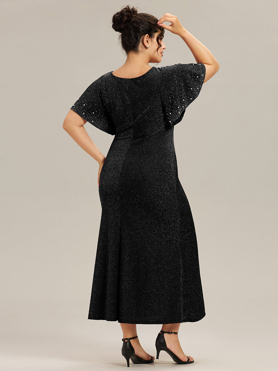 Color=Black | One Stop Shop Plus Size Short Sleeve Ruffle Beaded Fishtail Maxi Evening Dresses-Black 7