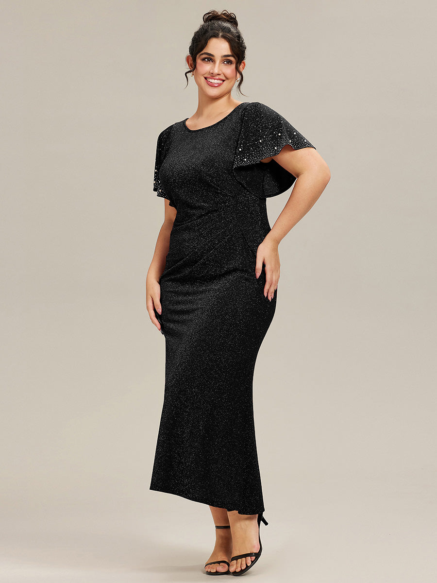 Color=Black | One Stop Shop Plus Size Short Sleeve Ruffle Beaded Fishtail Maxi Evening Dresses-Black 9